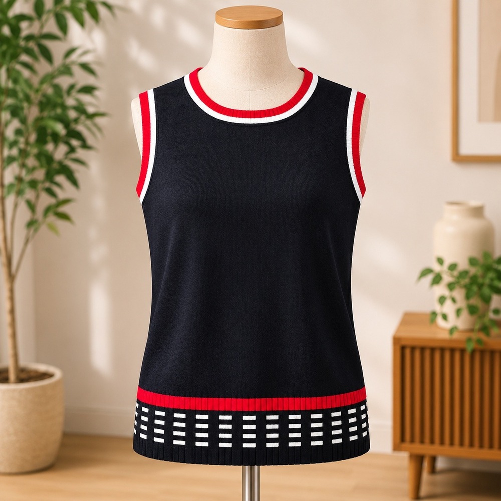 Finity Knit Sweater Vest Womens Medium Black Red White Geometric Trim Sleeveless